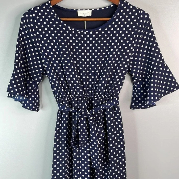 ORANGE CREEK / Pinkblush NWT Maternity Post Bump Dress Navy Polka Dot Tier S - Picture 4 of 11
